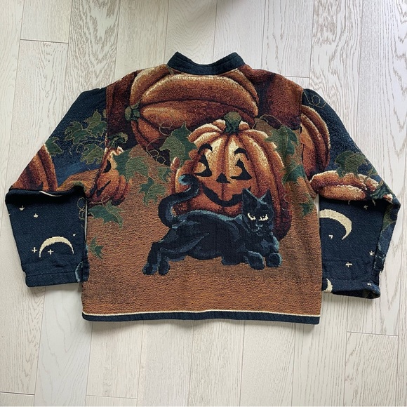 Vintage 90s Sugar Street Weavers Halloween Pumpkin Celestial Cat Tapestry Jacket - Picture 11 of 17
